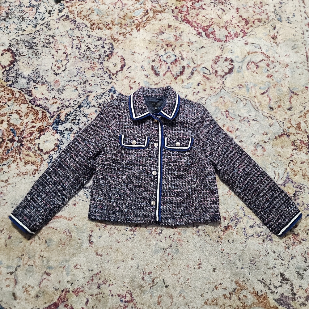 New Talbots Women's Tweed Blazer Lady Jacket Blue White Tipped Size 10 Petite
